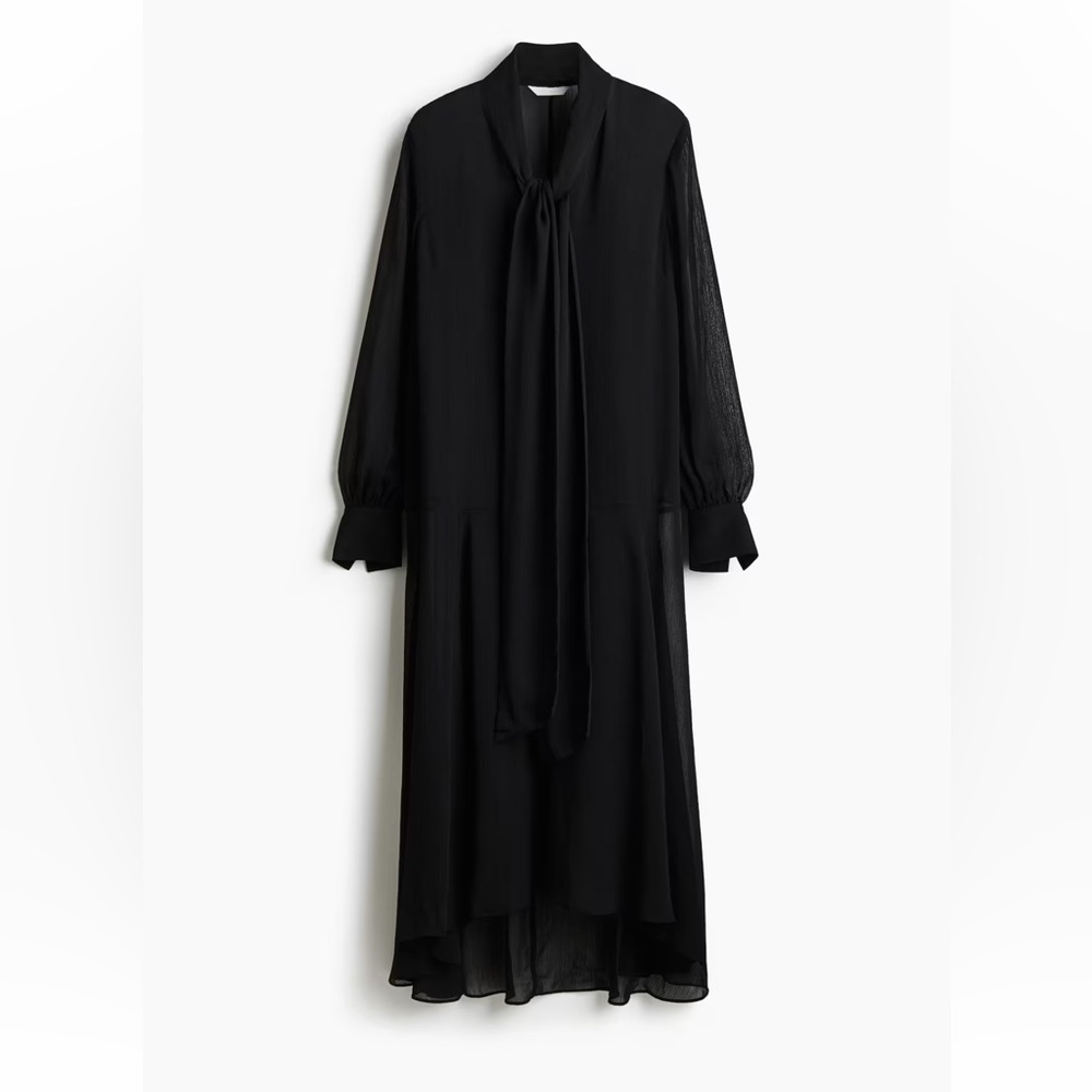 Elegant SHEER TIE NECK Black Women's Dress S